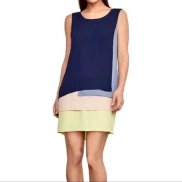 BGBGMAXAZRIA Hayley Sleeveless Color Block Tiered Tank Mini Dress Blue Yellow 2 - Picture 1 of 4